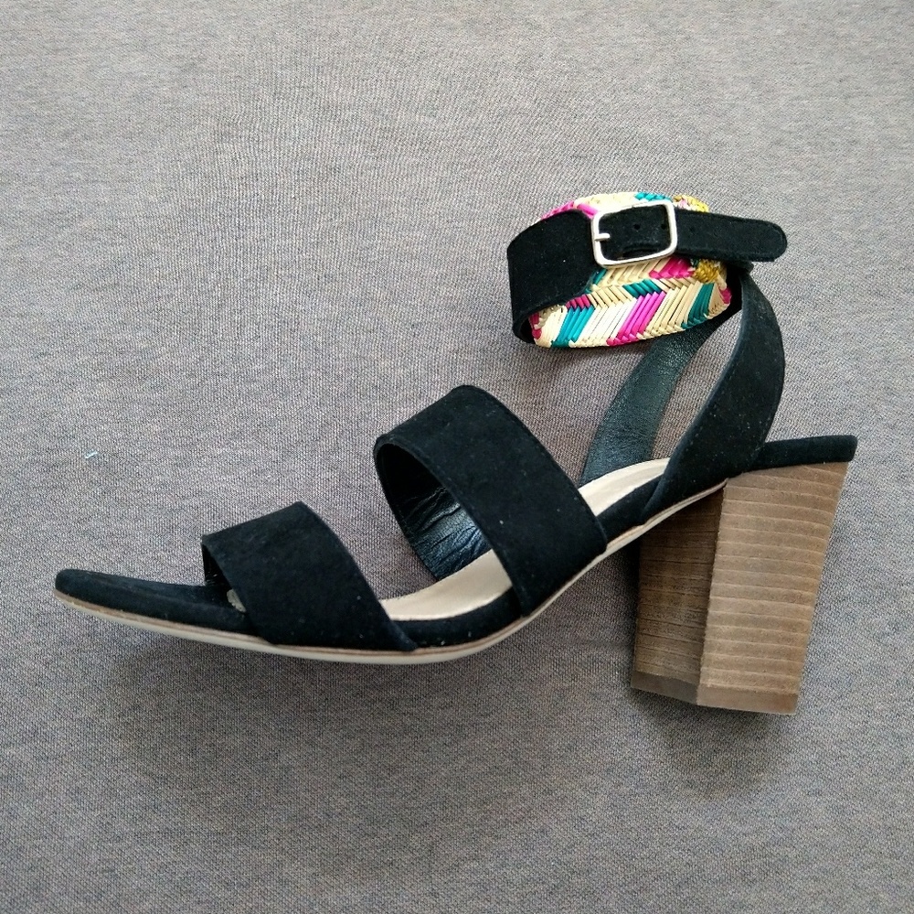 J. Crew Black Suede Block Heel Sandals with Colorful Woven Ankle Strap